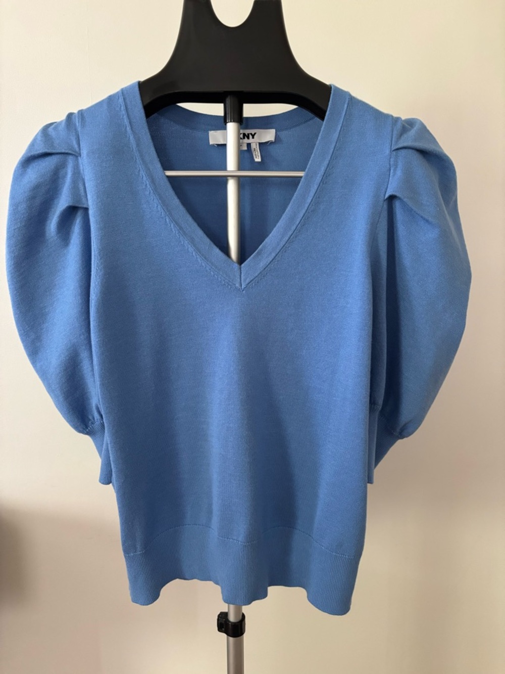 DKNY Sky Blue V-Neck Puff Sleeve Sweater